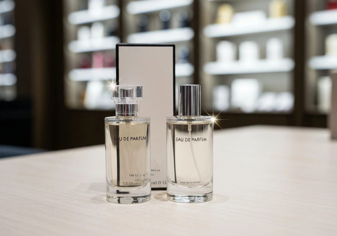 Luxury fragrance eau de parfum bottle beside elegant product packaging in soft natural light