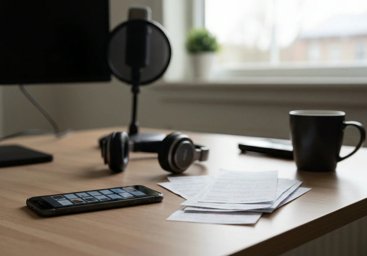 Minimal desk scene with blurred media on a smartphone, invoices, and a studio microphone in soft light.