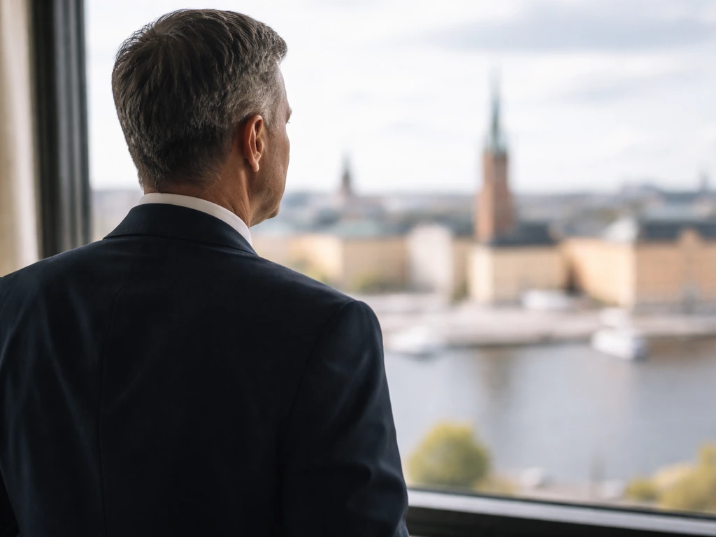 Anonymous Swedish business setting with a suit and Stockholm harbor view symbolizing Marcus Wallenberg (born 1956).