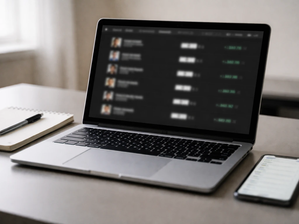 Close-up of a finance analysis desk with laptop and blurred billionaire-ranking style page, symbolizing net-worth estima