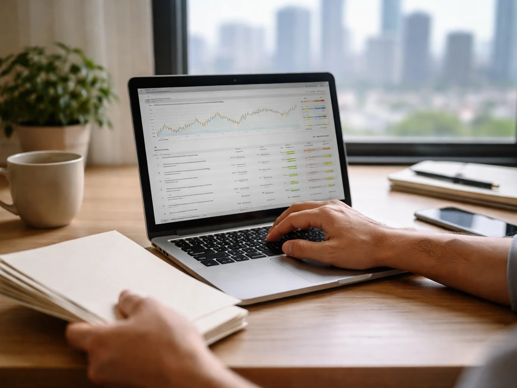 Person at a desk searching a financial index on a laptop beside printed business filings
