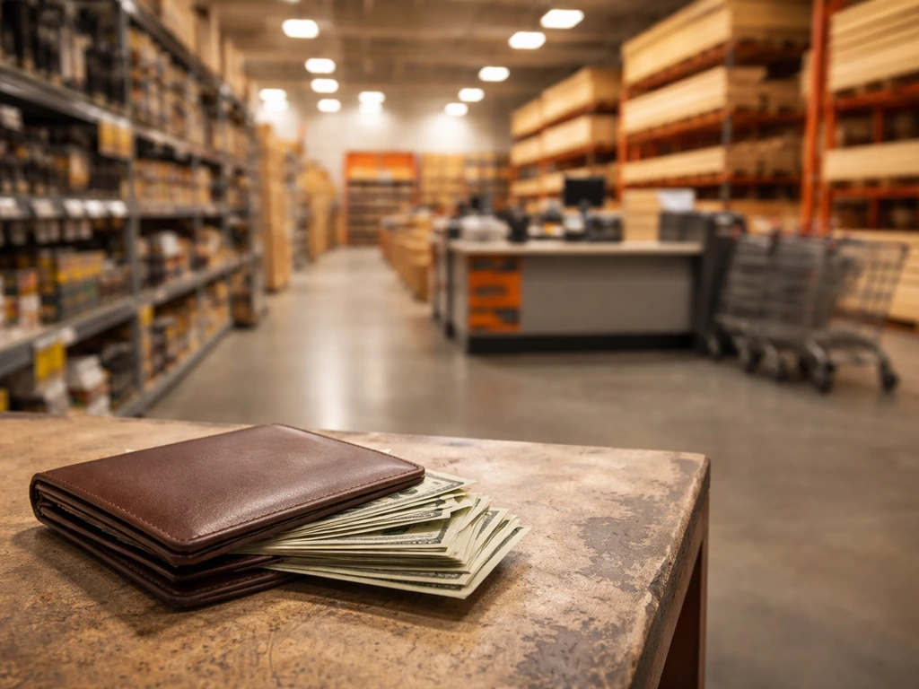 Minimal Home Depot-like store scene with wallet and cash on a workbench, symbolizing business net worth.