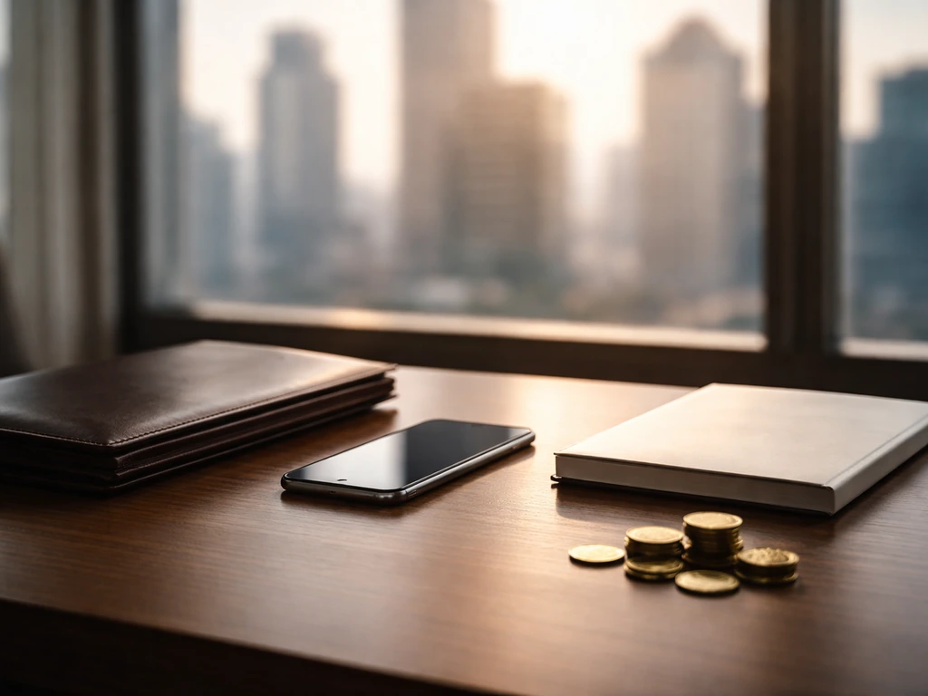 Minimal photo of a banker’s desk with a smartphone, coins, and a blurred city skyline symbolizing net worth.