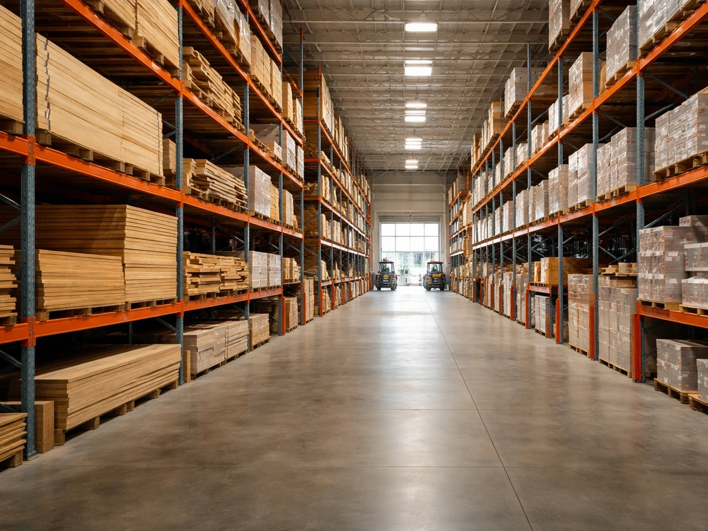 Minimal view of a large home improvement store warehouse with tall shelves and stacked building supplies.