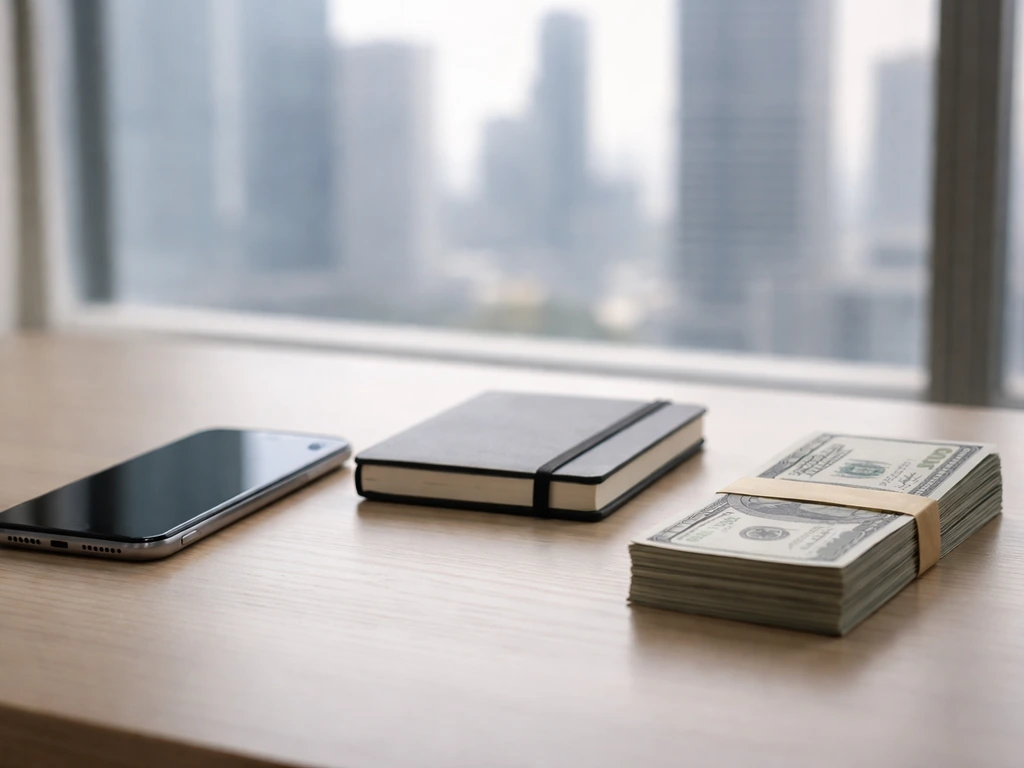 Minimal desk scene with a smartphone and cash, symbolizing net worth comparisons