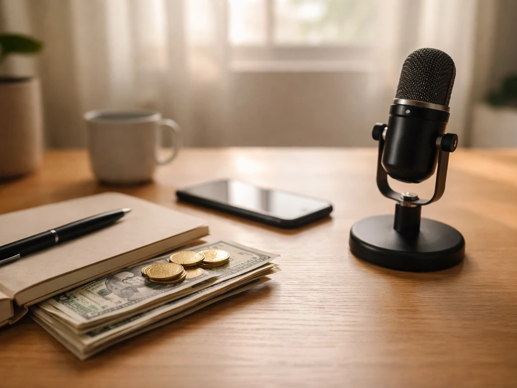Minimal home office desk with smartphone, studio mic, and cash-like props under natural light.