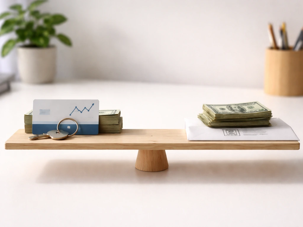 Minimal desk scene with cash and house key on one side, bills and documents on the other.
