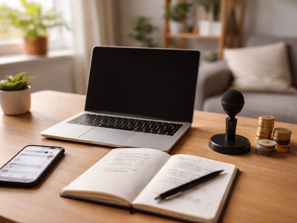 Tidy desk with laptop, smartphone, notebook, coins, and a small microphone suggesting media-based money estimates.