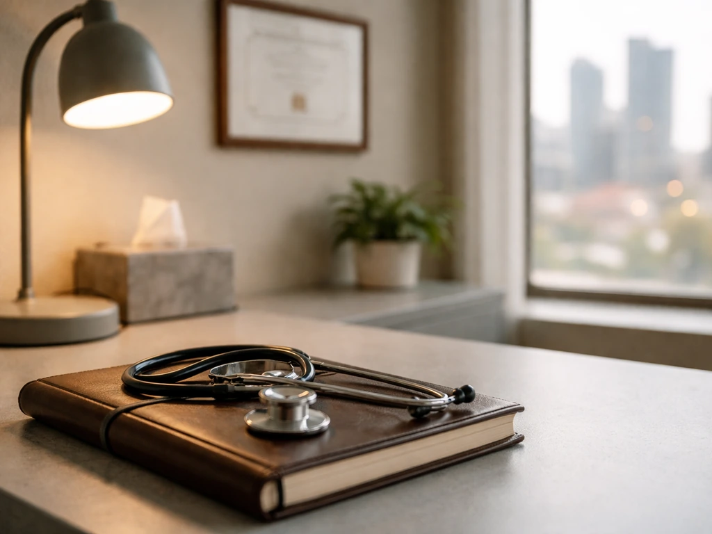 Minimal clinic desk scene with stethoscope and appointment notebook, symbolizing a licensed therapist profile.