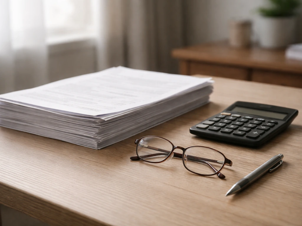 Minimal desk scene with printed government forms and a calculator for verifying financial figures