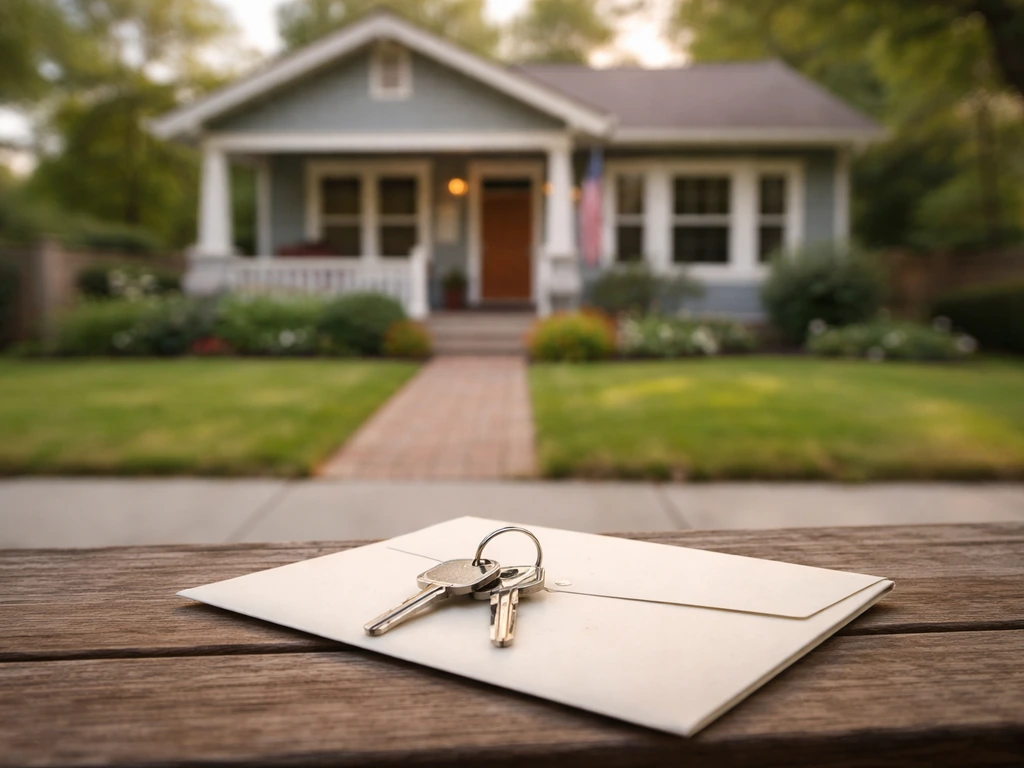 Minimal photo of a suburban house exterior with a small lender-style envelope and key on a table