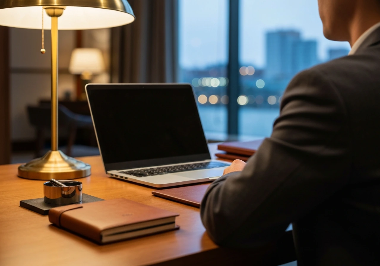 Anonymous hospitality executive at a desk in an upscale hotel office with city bokeh through a window.