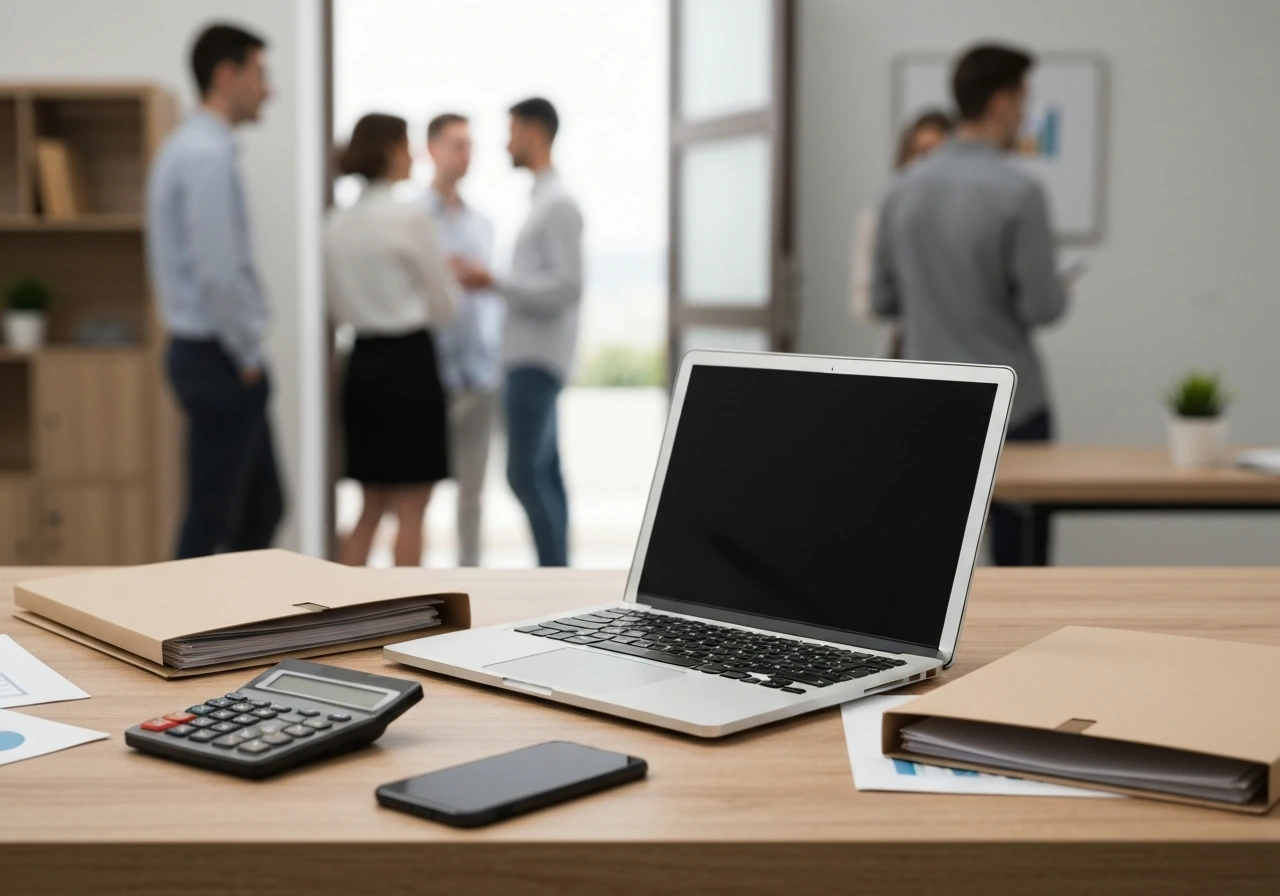 Blurred office desk with a laptop and several out-of-focus people in the background, suggesting multiple search matches.