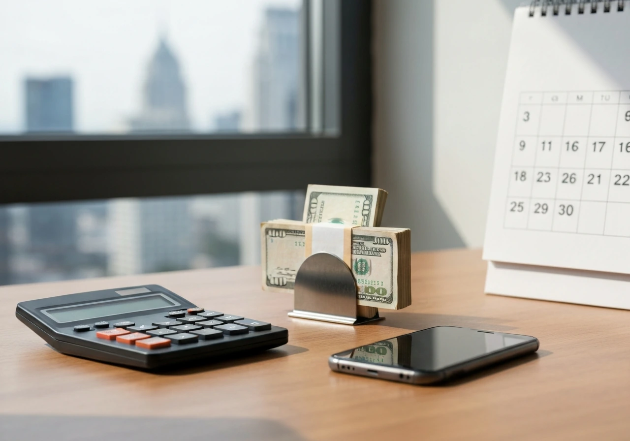 Minimal office desk scene with a calculator and cash-like props, suggesting a net worth estimate as of a date