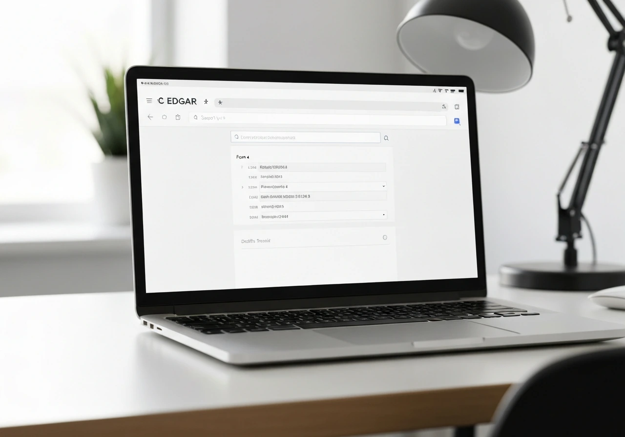 Close-up of a laptop showing an anonymous SEC EDGAR-style results page flow with a Form 4-like listing