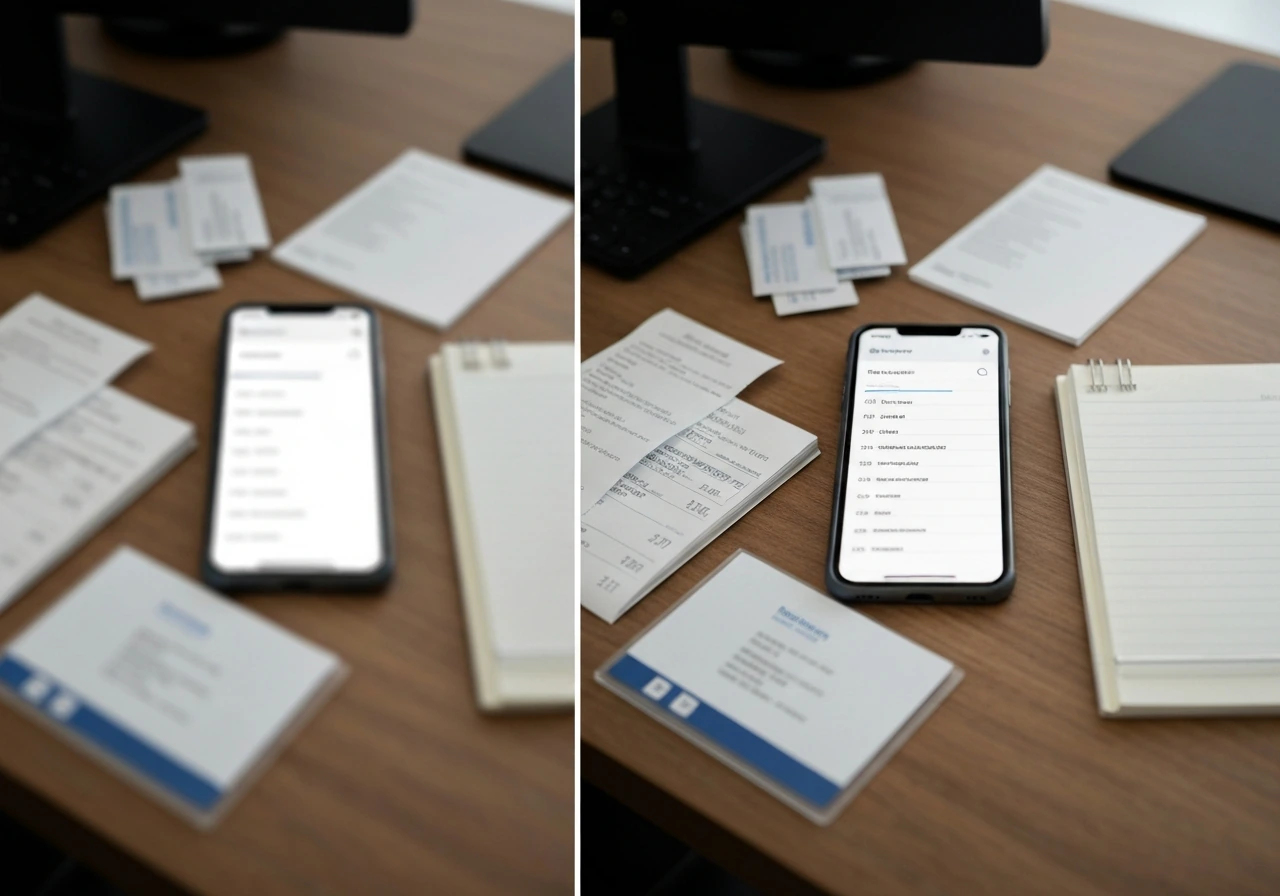 Split desk scene symbolizing wrong vs correct search results using blurred phone content and receipts.