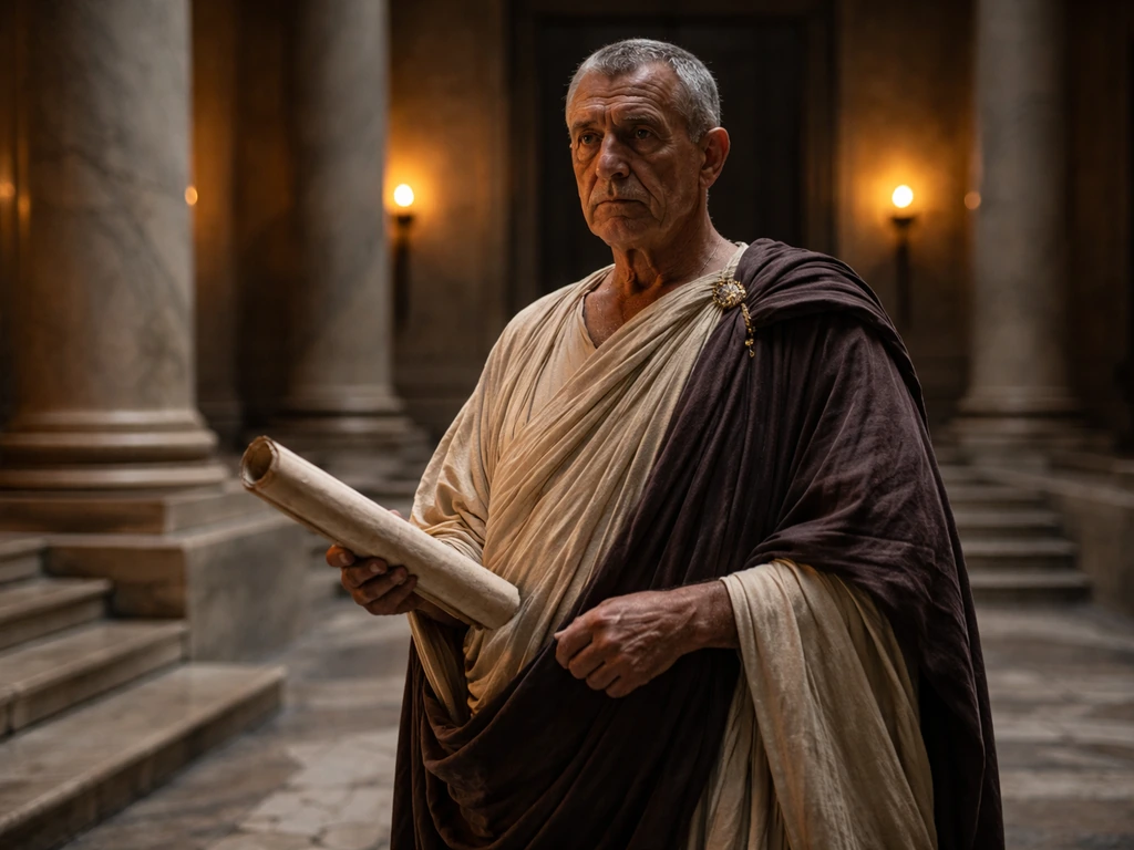 Ancient Roman senator in a toga holding a scroll, standing in a dim marble atrium with warm torchlight.