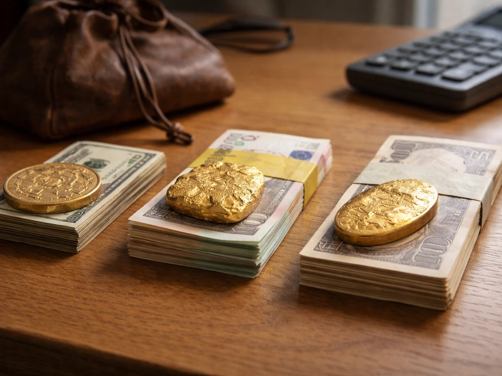 Three gold coin replicas on a wooden desk beside unlabeled modern money, symbolizing wealth conversion.