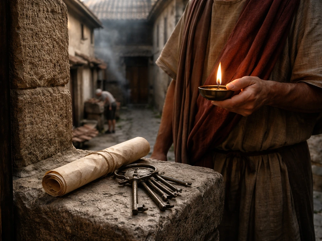 Anonymous Roman-era scene with keys and lamp by courtyard buildings, slight smoke implying fire-risk profiteering.