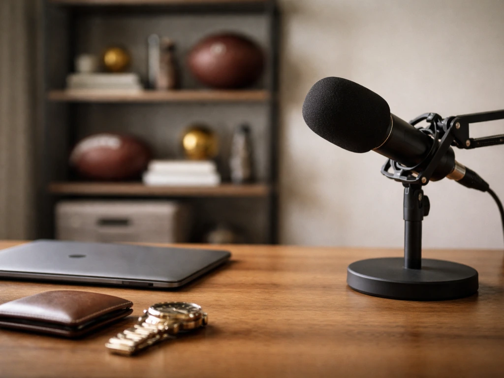Anonymous media studio desk with microphone and subtle wealth items, symbolizing NFL safety net-worth topic.
