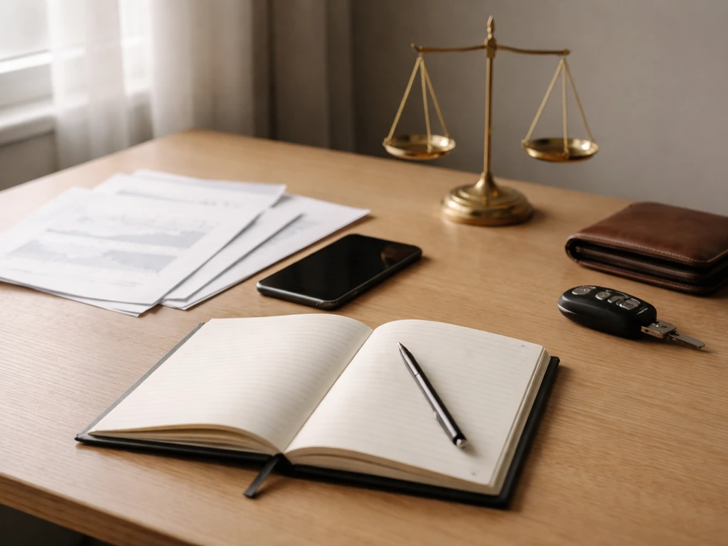 Minimal desk with financial documents, wallet, and a small scale suggesting assets vs liabilities.