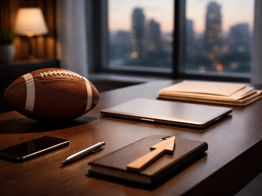 Minimal home office desk with a football, blank folders, and progression cues toward a laptop.