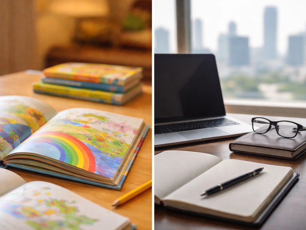 Split-screen: open colorful children’s books on one side, anonymous finance desk with laptop and notebook on the other.