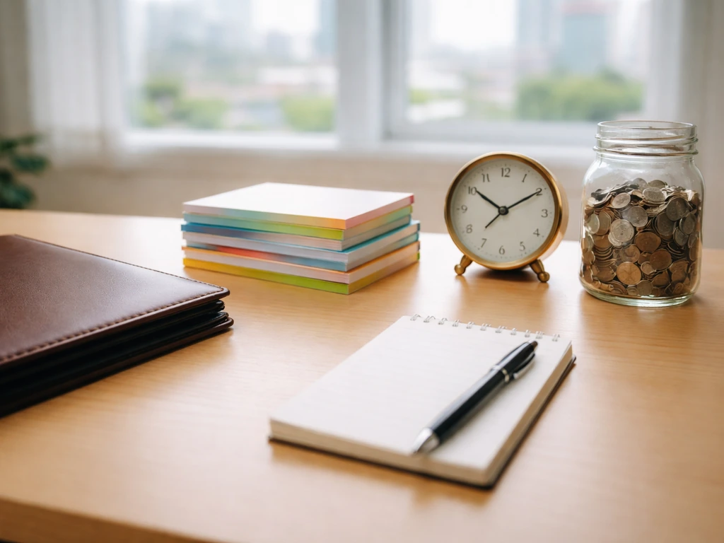 Minimal desk with coins jar and publishing books in daylight, symbolizing broad net worth estimates.