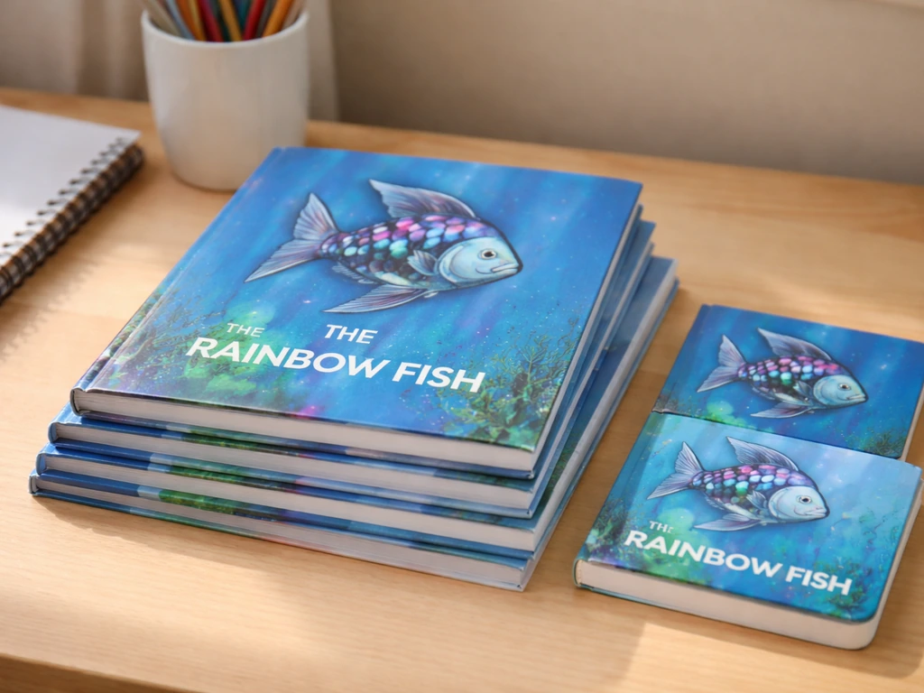 Close-up of The Rainbow Fish picture book covers and glossy published materials on a desk, symbolizing royalties.
