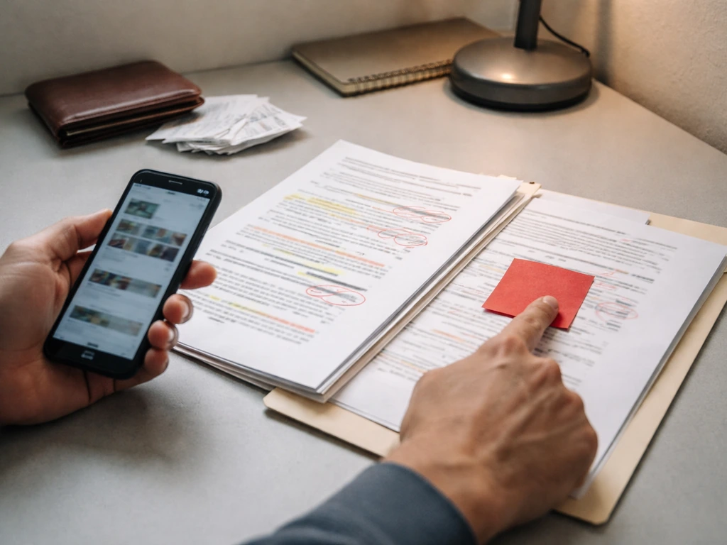 Hands reviewing financial rumor papers on a desk, with blurred smartphone news and red flagged notes.