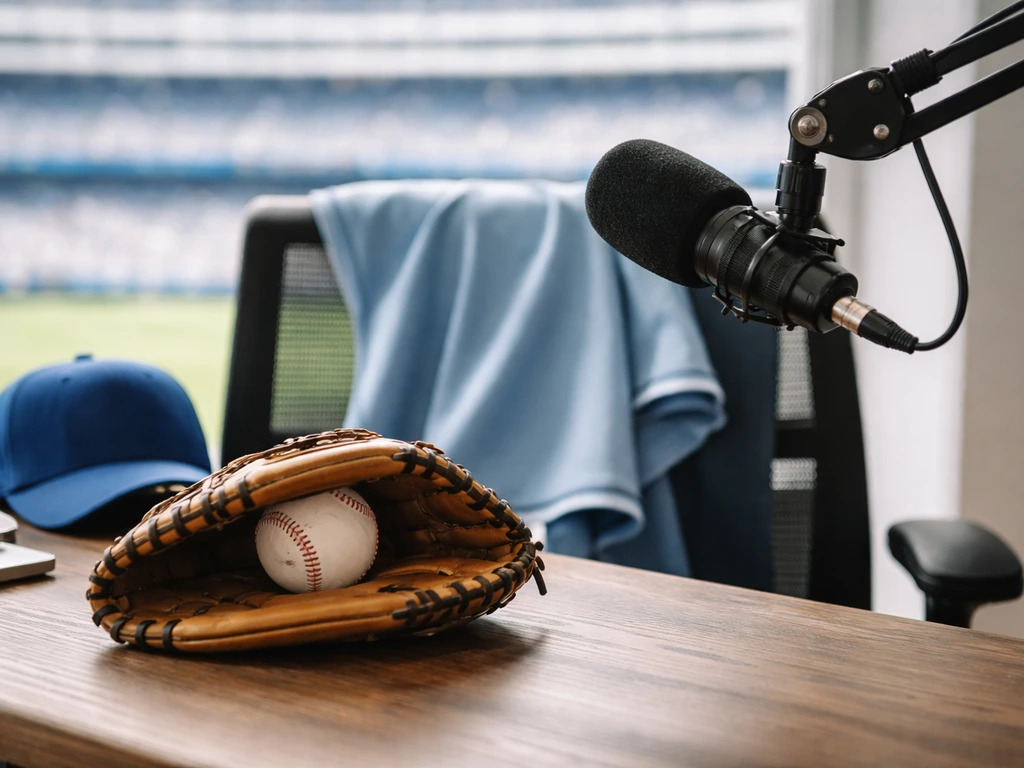Baseball glove, microphone, and blue jersey on a desk with a softly blurred stadium background.