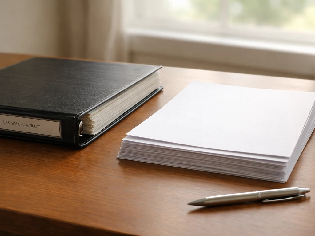 Wooden desk with a baseball contract binder and blank papers, lit by natural window light.