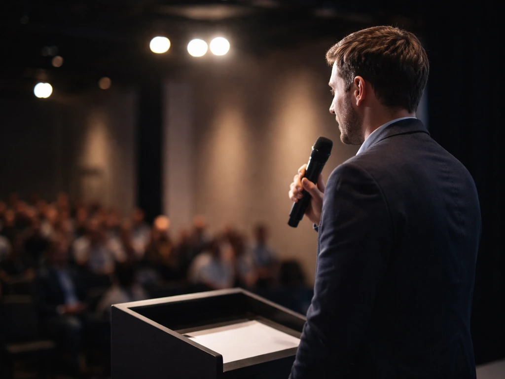 Anonymous speaker at a keynote stage with a microphone and bright audience lights in a simple conference hall.