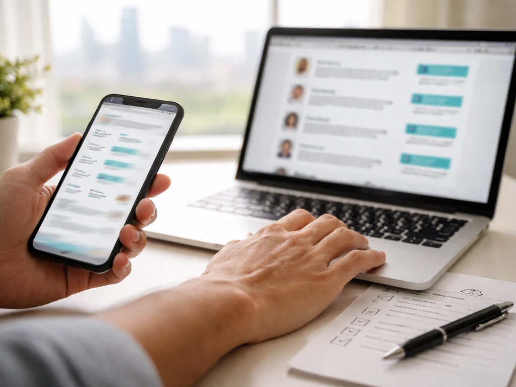 Hands checking blurred speaker-bureau listings and a checklist on a desk with phone and laptop.