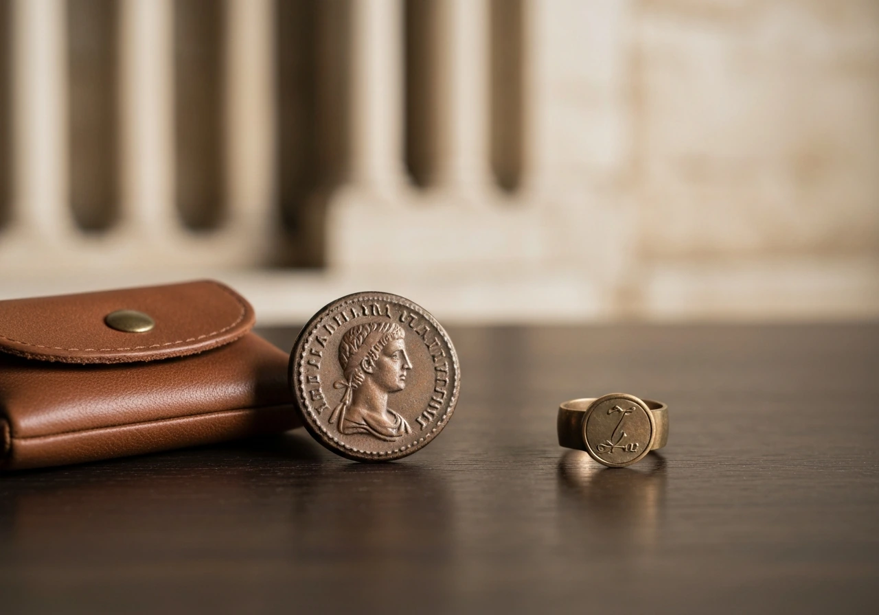 Ancient Roman coin and small leather money pouch on a wooden desk, evoking wealth and finance.