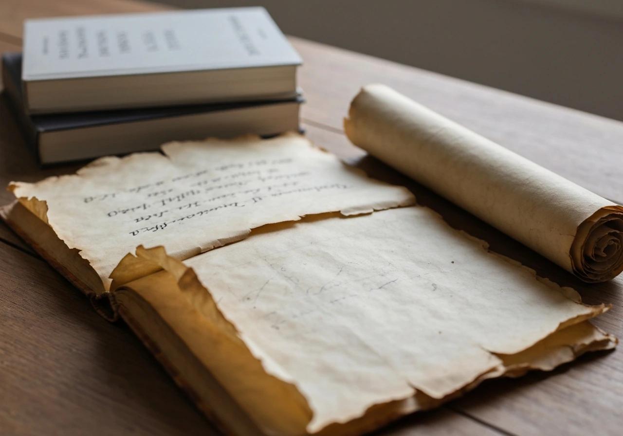 Close view of an open ancient manuscript beside a worn scroll, softly lit like a historical reference scene.