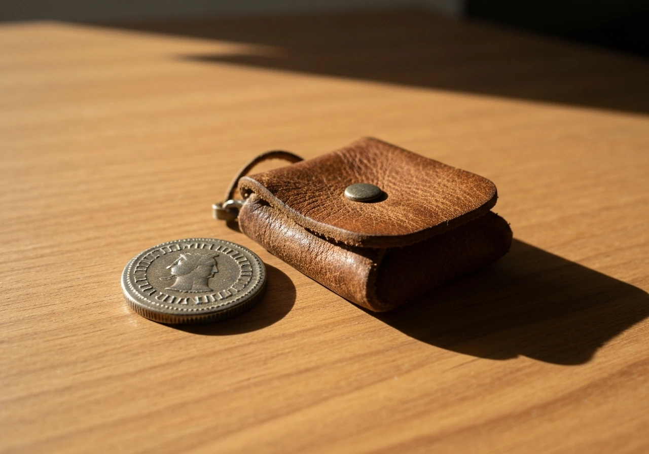 Close-up of a Roman coin and leather pouch on a wooden table, warm natural light.