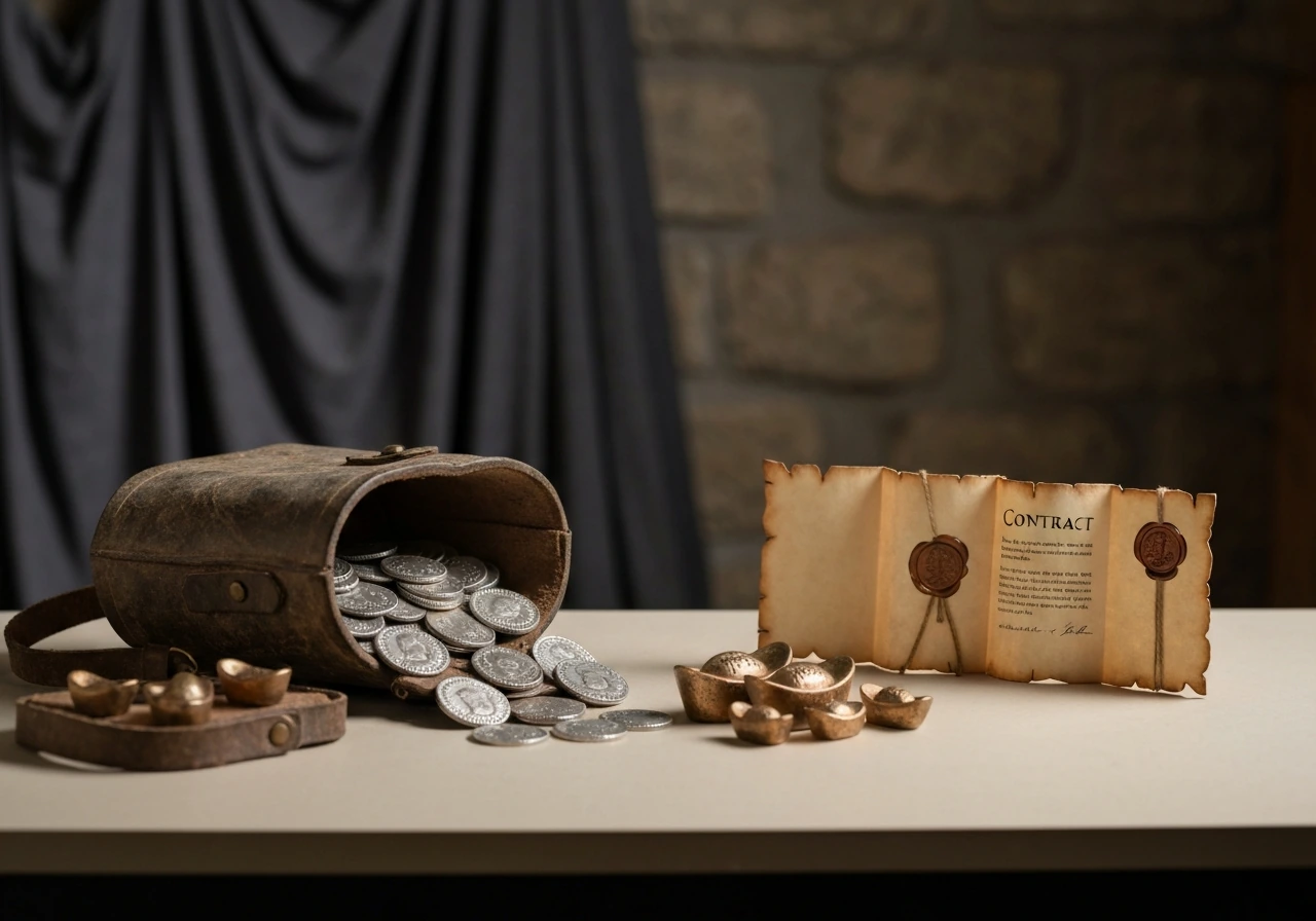 Roman coin hoard spilling from a satchel with bronze ingots and a sealed parchment contract on a table.