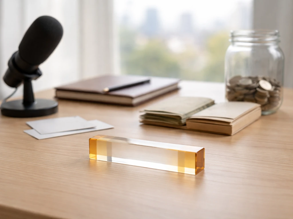 Minimal desk scene with coins, cash envelopes, and a microphone symbolizing a net worth range analysis.