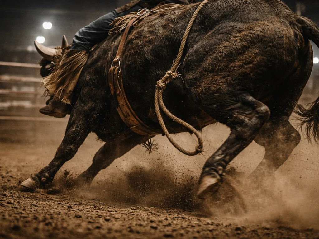 Low-angle photo of a pro bull-riding arena with dust, cowboy gear, and a bull during a PBR-style event.