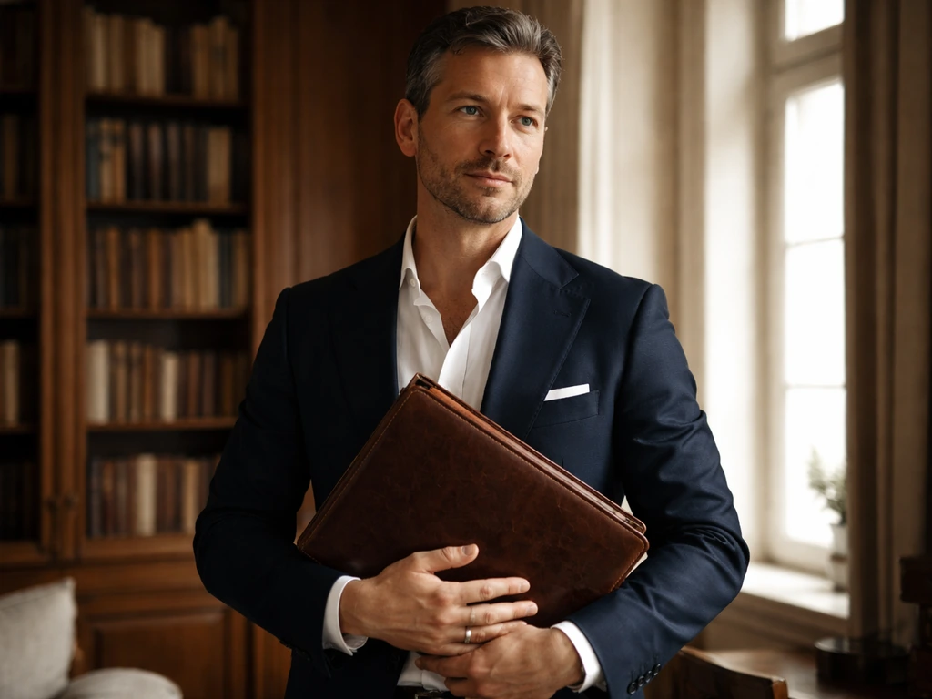 Anonymous German aristocratic businessman in a quiet study holding a leather portfolio