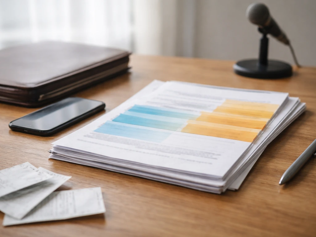 Minimal office desk with documents, phone, pen, and colored sticky strips symbolizing net-worth source comparison.