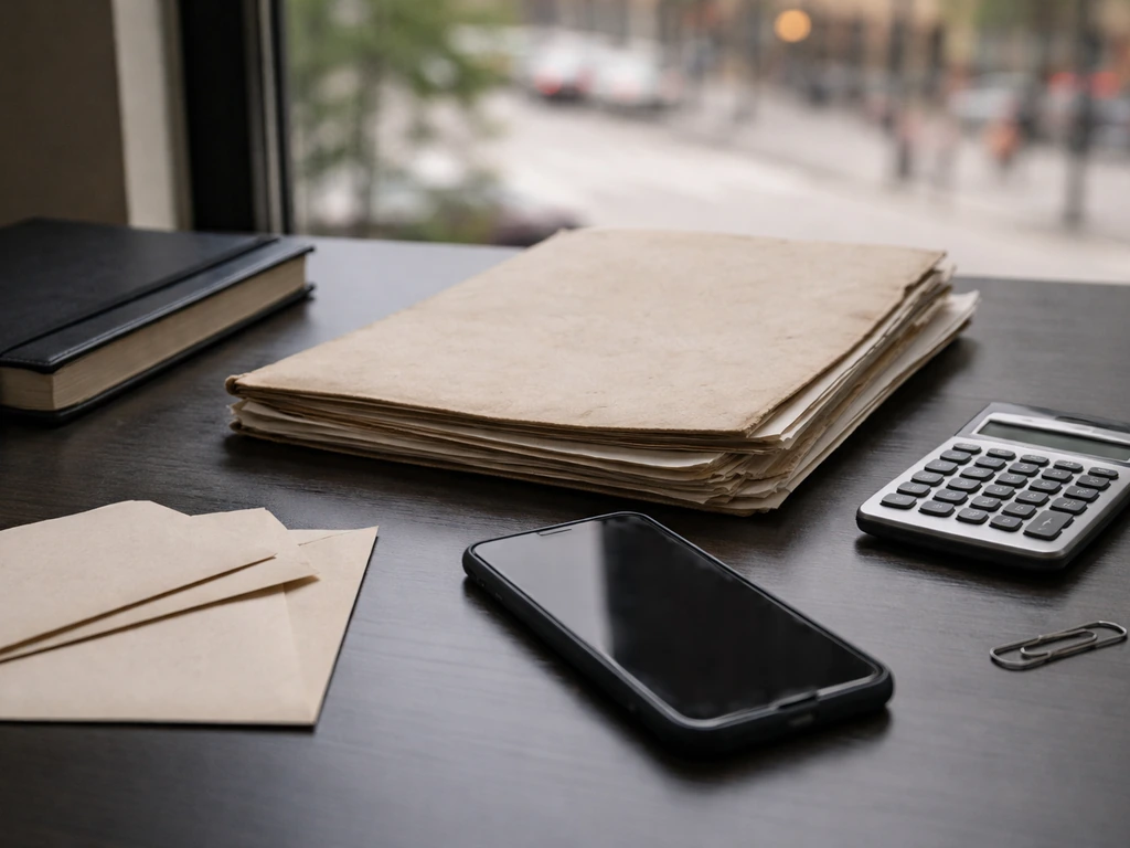 Minimal photo of a desk with a closed notebook, aged folder, and calculator symbolizing unverified net worth claims.