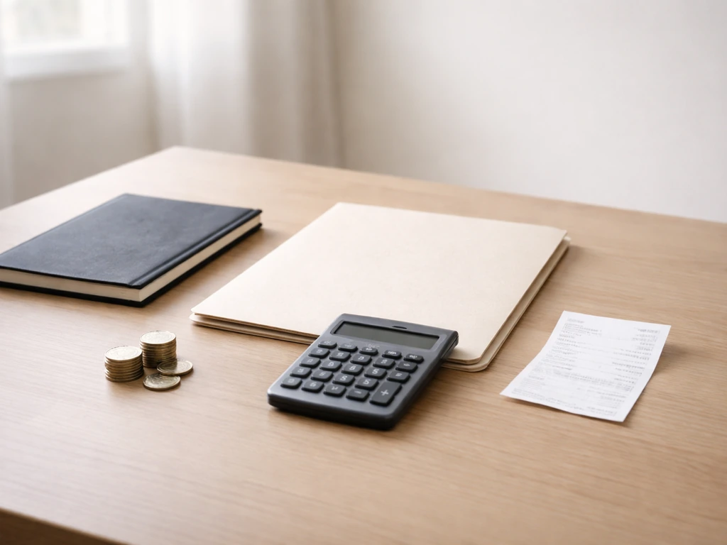 Minimal desk scene with a blank notebook, calculator, and a single coin stack beside a folder—symbolic net assets vs deb