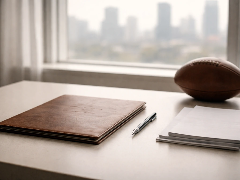 Minimal studio desk with an old contract folder, pen, and football memorabilia symbolizing an NFL earnings timeline.