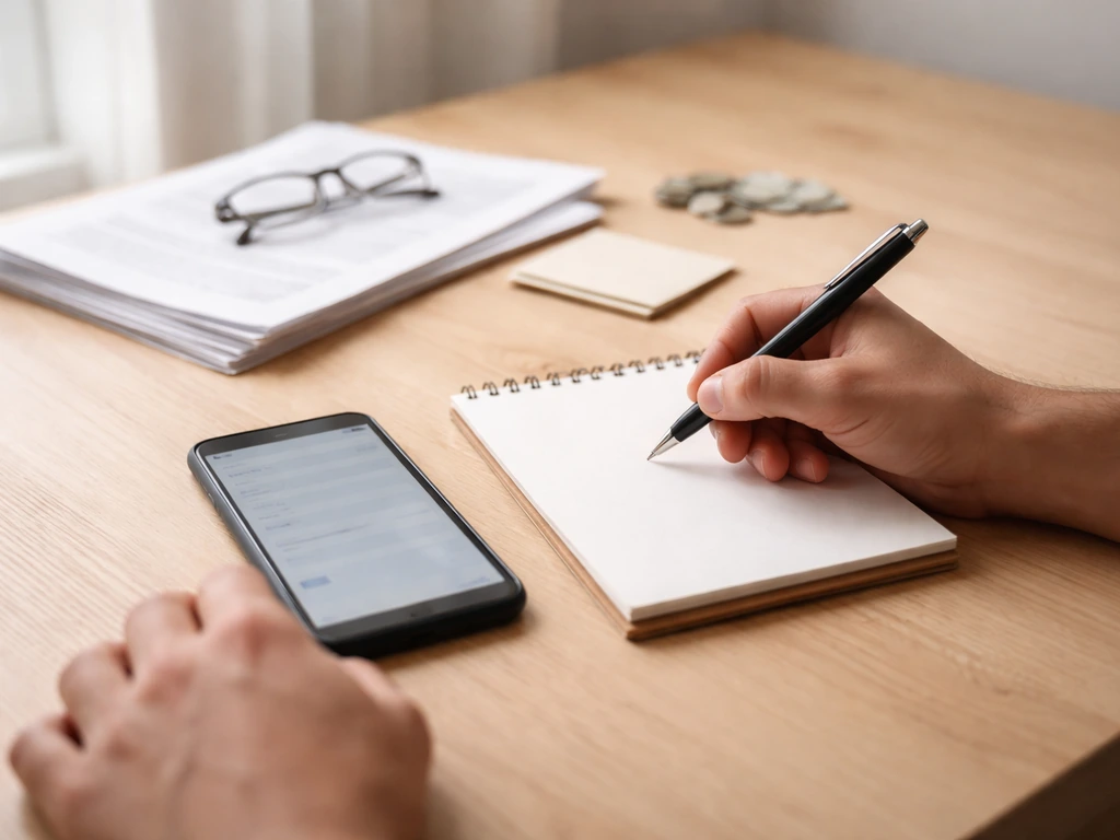 Minimal desk scene with a notebook, smartphone, and cash beside documents, suggesting net worth verification