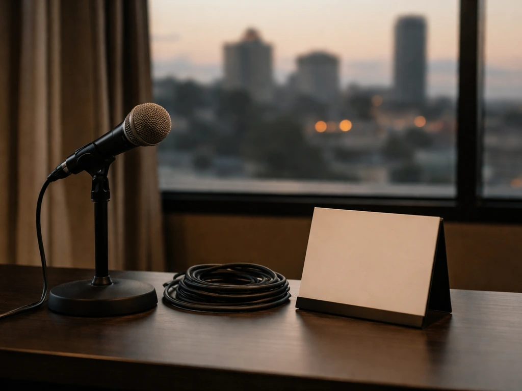 Minimal photo of a TV studio desk setup with a microphone and blurred city skyline outside the window.