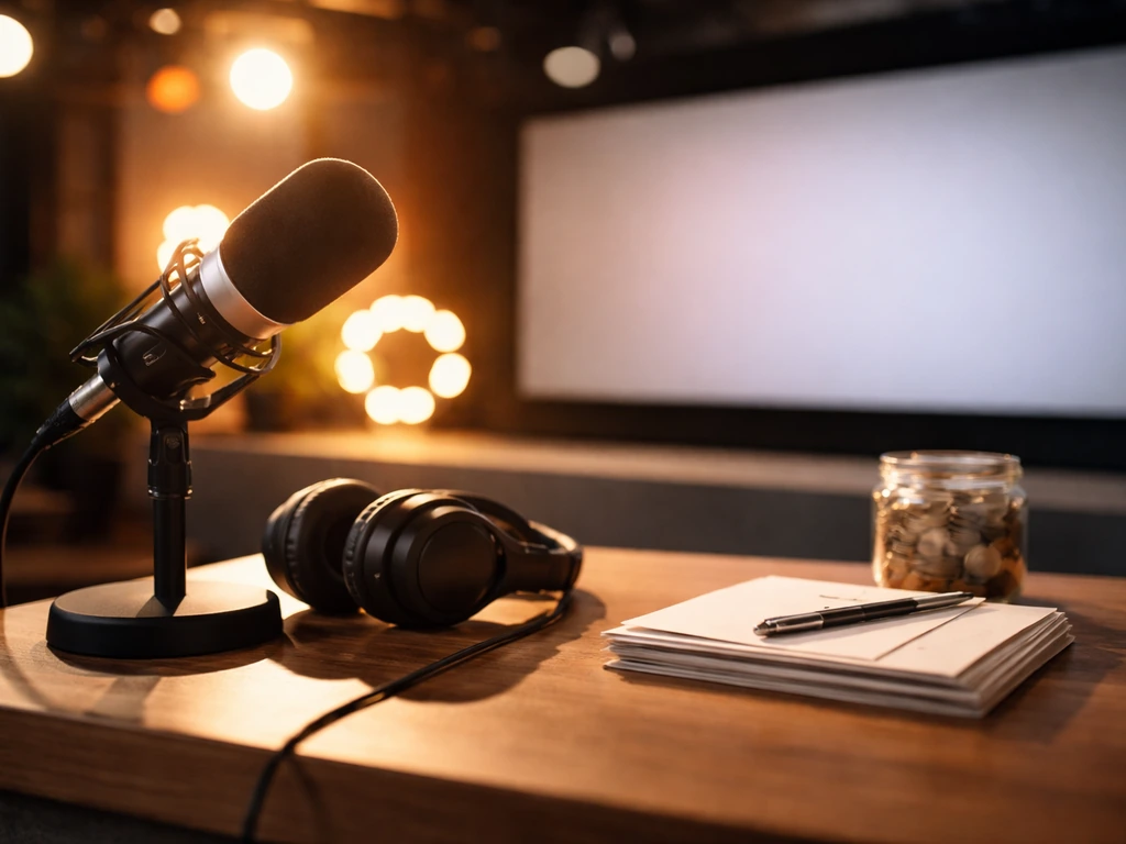 Television studio desk with a microphone and soft donation-themed lights, suggesting on-air fundraising