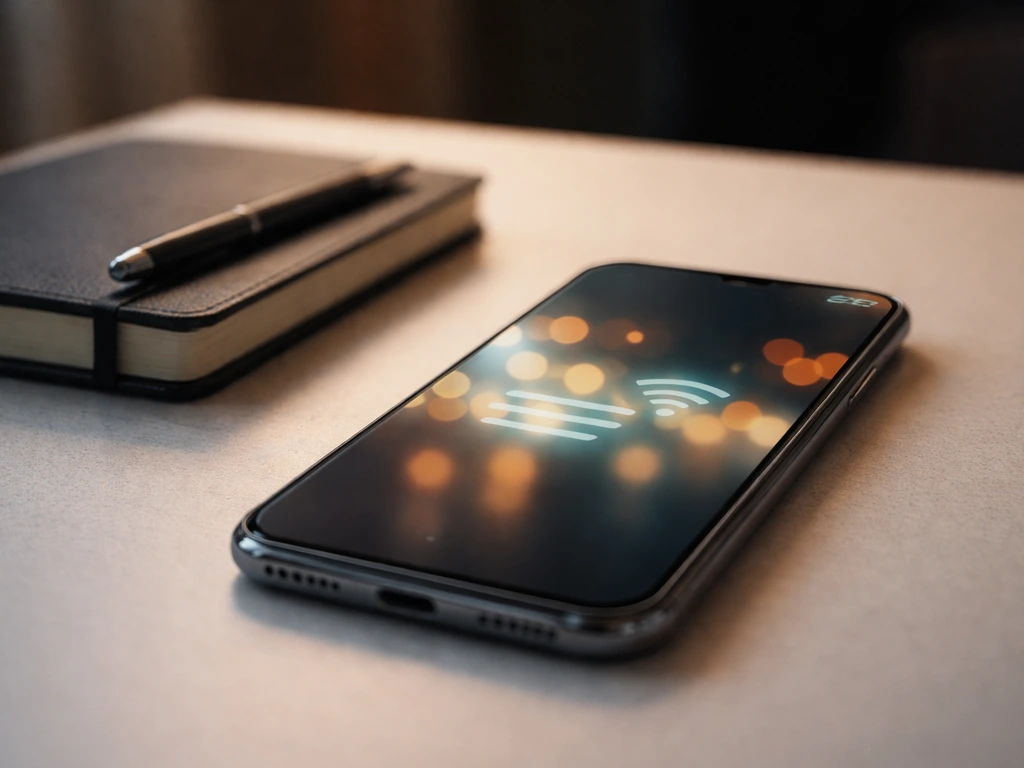 Minimal photo of a modern smartphone on a desk with subtle mobile payments atmosphere and urban night light.