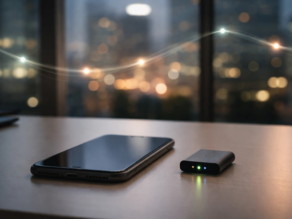 Minimal photo of a smartphone connected to a glowing Bitcoin Lightning-style network concept